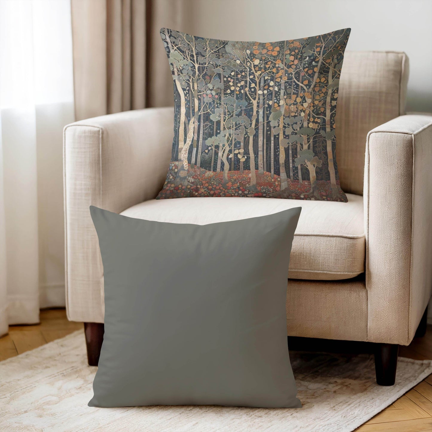 Art Deco Cushion - Retro Style Pillow with Forest Design | Woven Cotton 18x18 - timelessbohochic.com