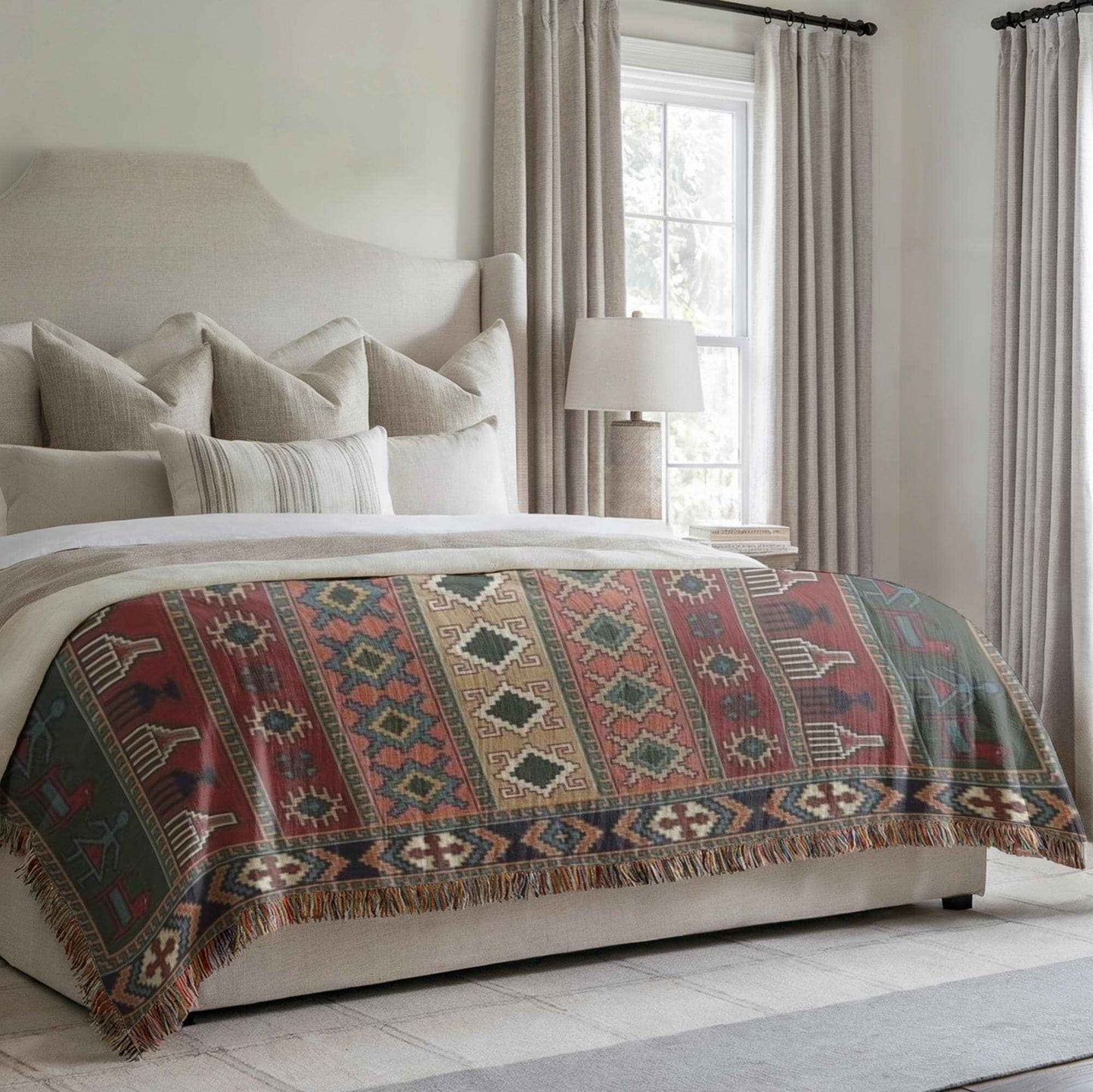 Anatolian Inspired woven blanket with rug-style pattern styled for layered home decor