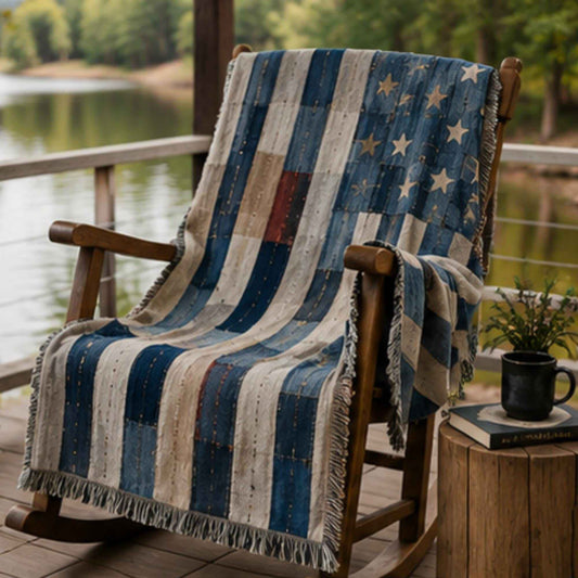 Southwestern outdoor woven throw blanket with geometric pattern for patio styling