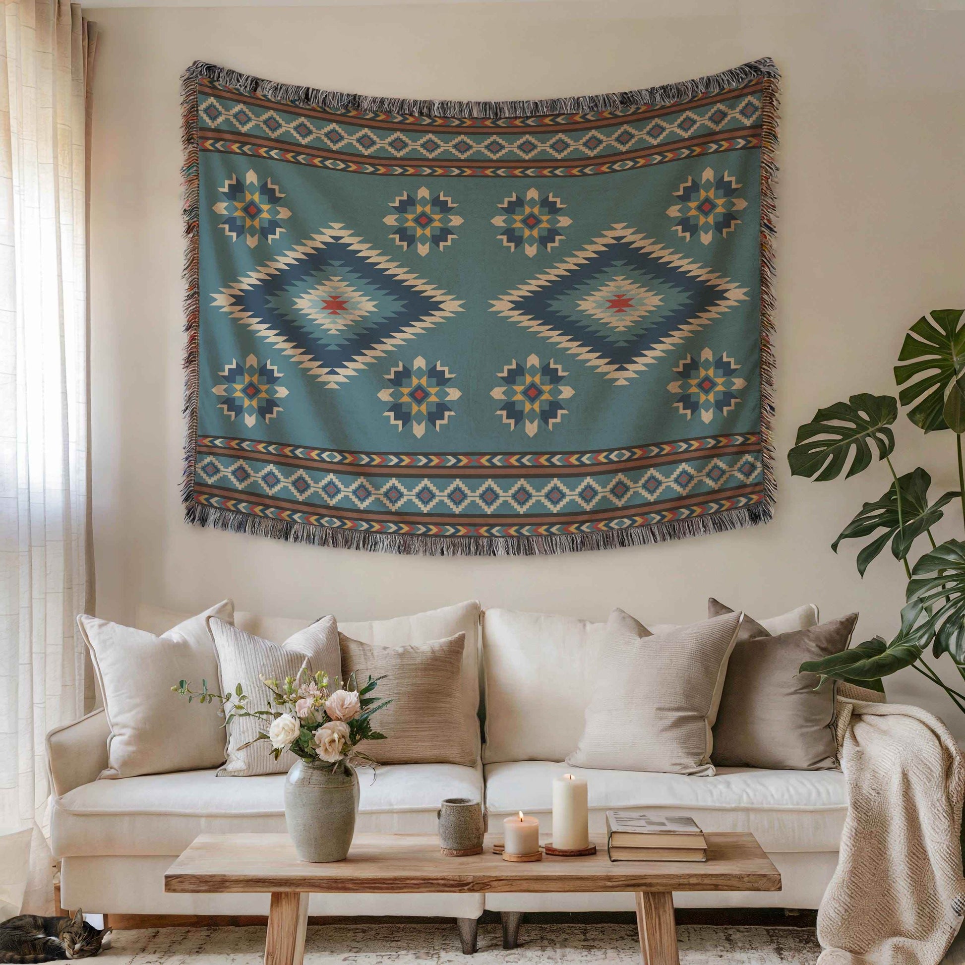 Navajo Wall Tapestry - Rustic Cotton Boho Patio Blanket with Colorful Fringed Edges - timelessbohochic.com