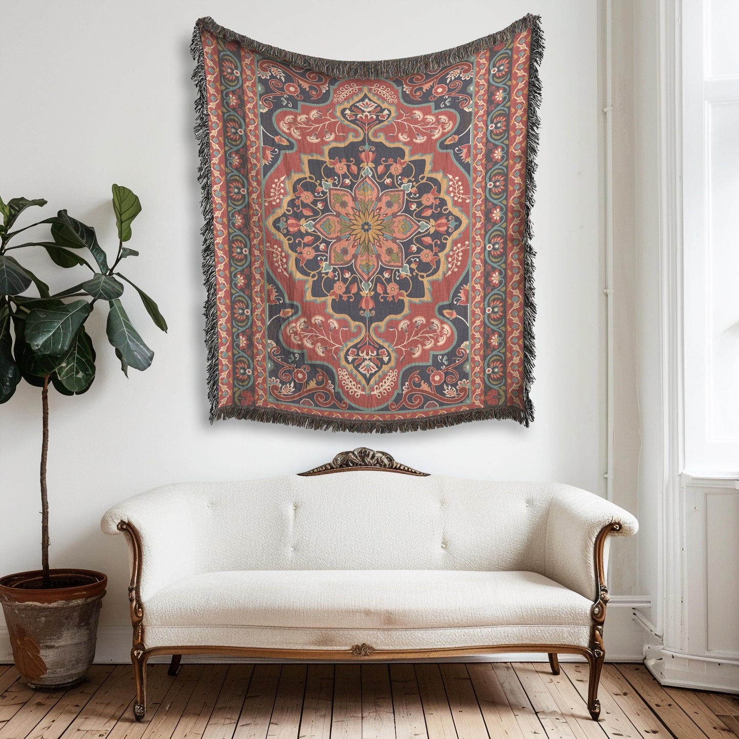 Anatolian Inspired outdoor woven throw blanket with rug-style pattern for patio styling