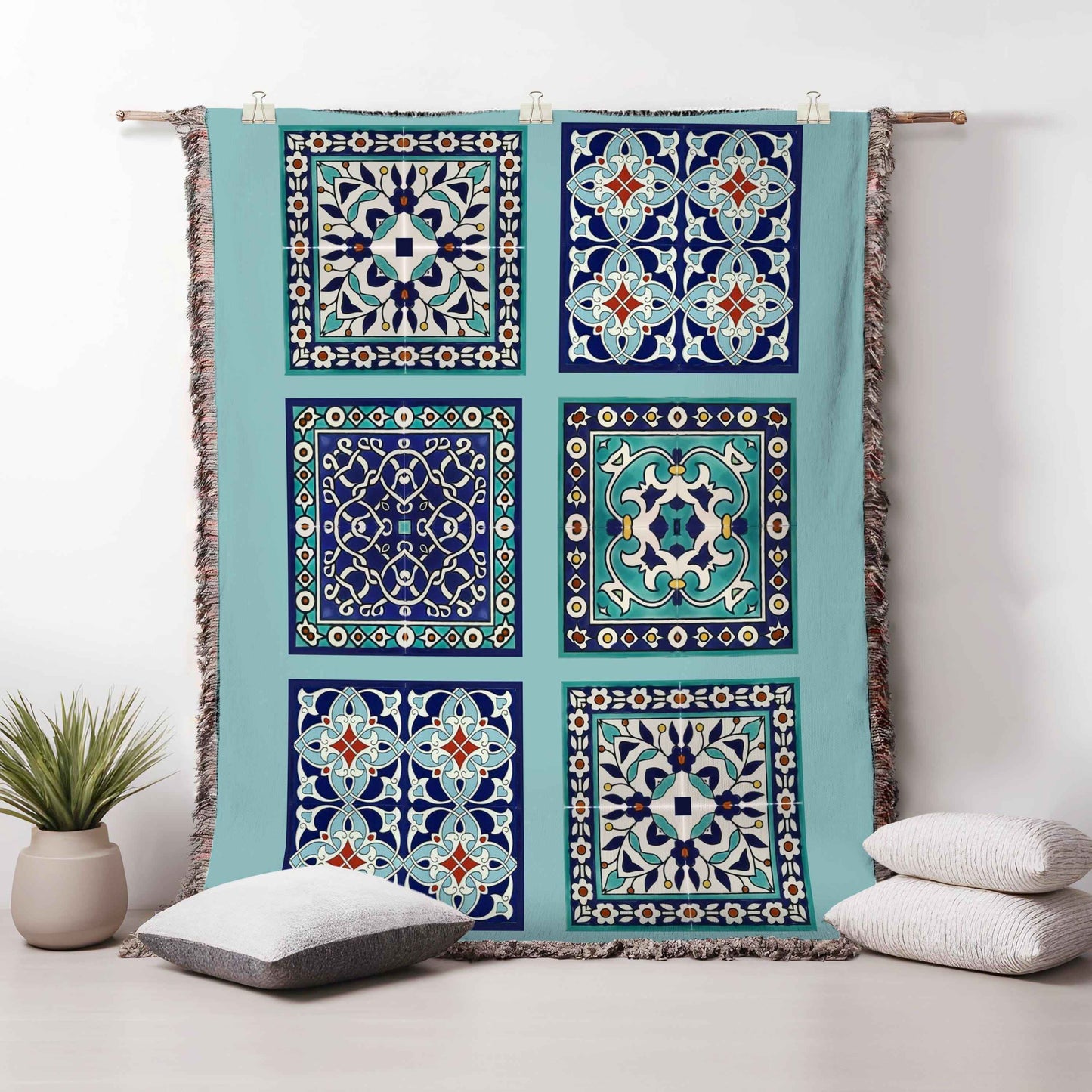Anatolian Inspired woven wall tapestry with geometric pattern styled as textile wall decor