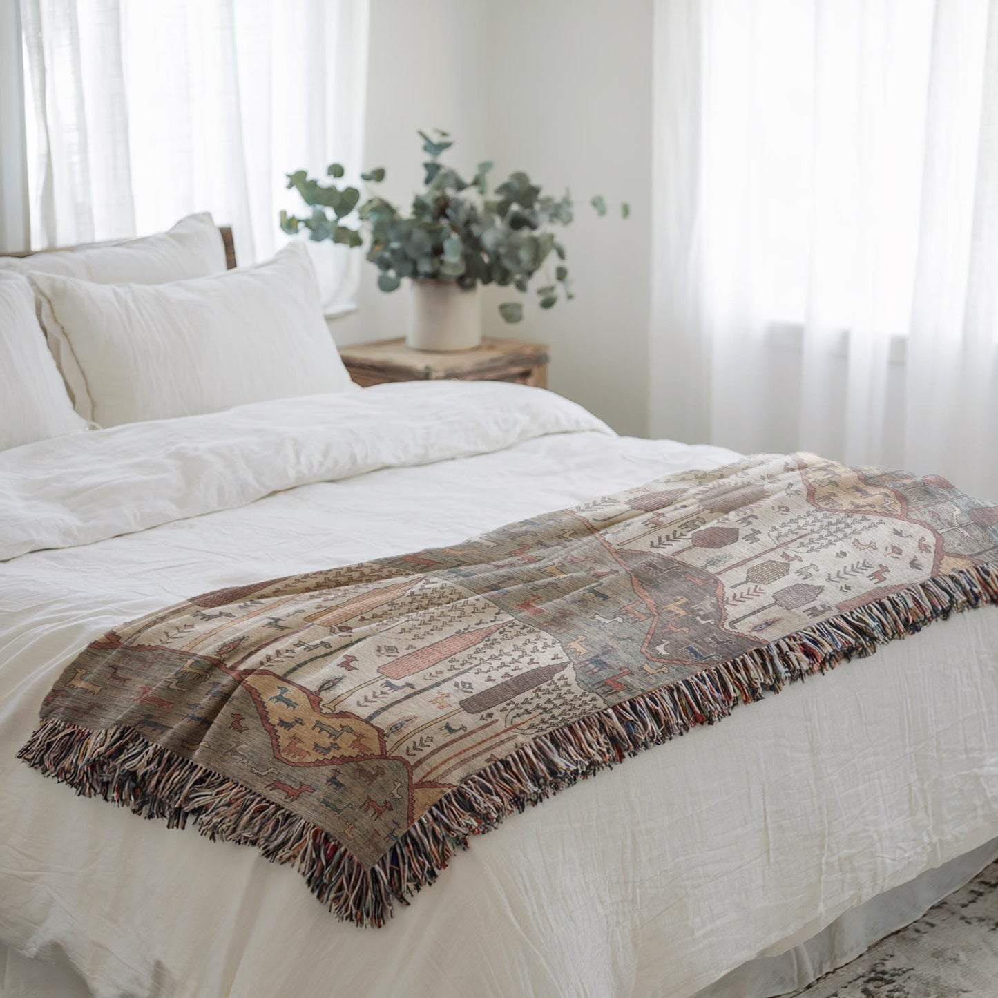 Modern Geometric woven blanket with geometric pattern styled for layered home decor
