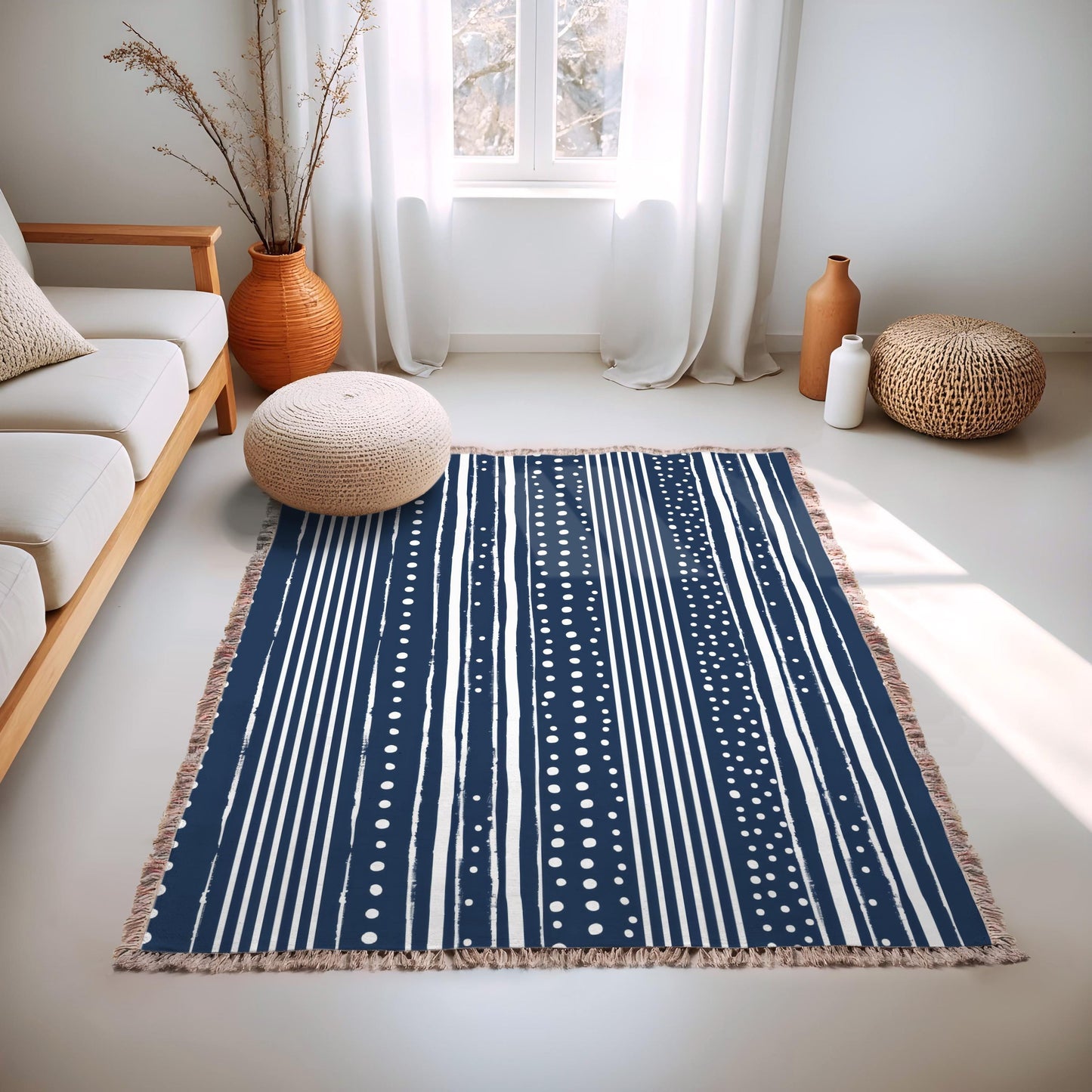 Cotton Throw Blanket – Woven Couch Throw With Blue & White Dots Pattern