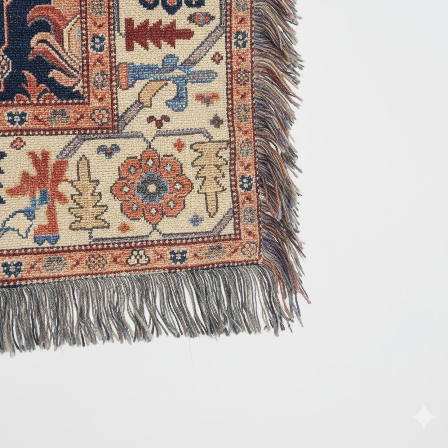 Caucasian Rug Inspired woven blanket with geometric pattern styled for layered home decor