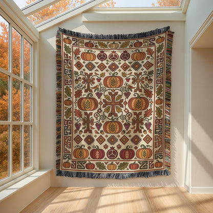 Cream and rust Armenian Ghapama blanket hung flat on a wall beside a window