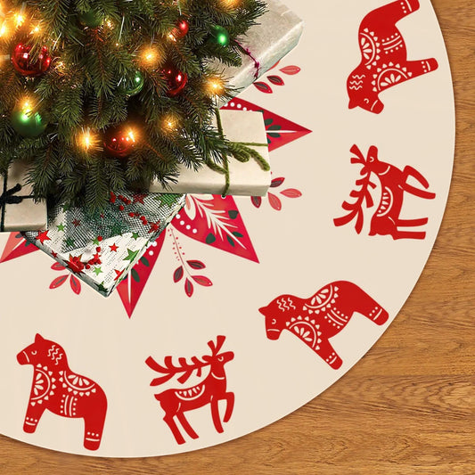 Nordic Christmas Tree Skirt – Scandinavian Holiday Decor with Dala Horse & Reindeer