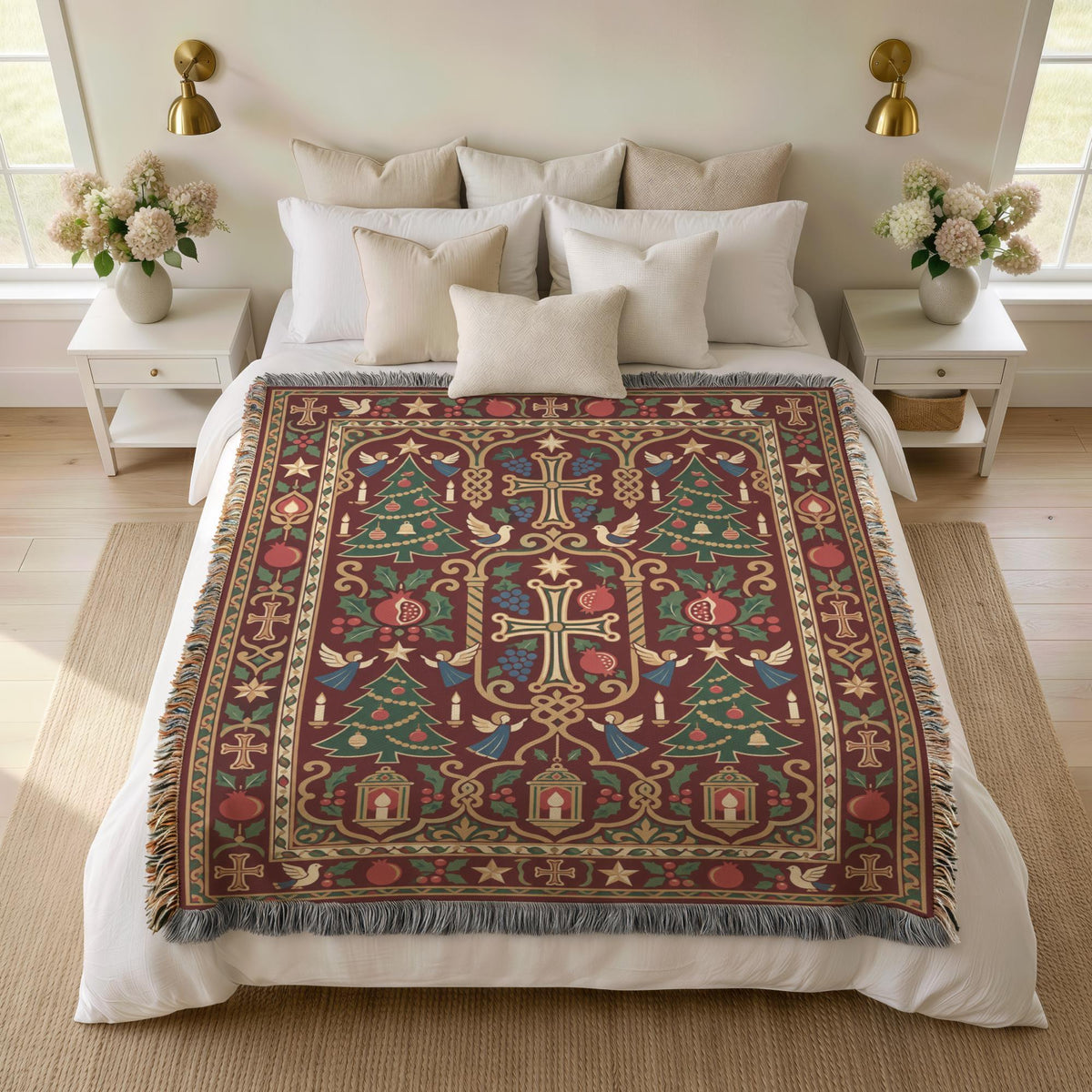 Armenian Christmas tree blanket over a bed with white pillows and flowers on the nightstands