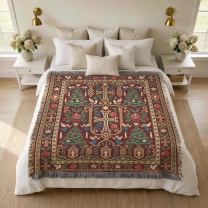 Armenian Christmas tree blanket over a bed with white pillows and flowers on the nightstands