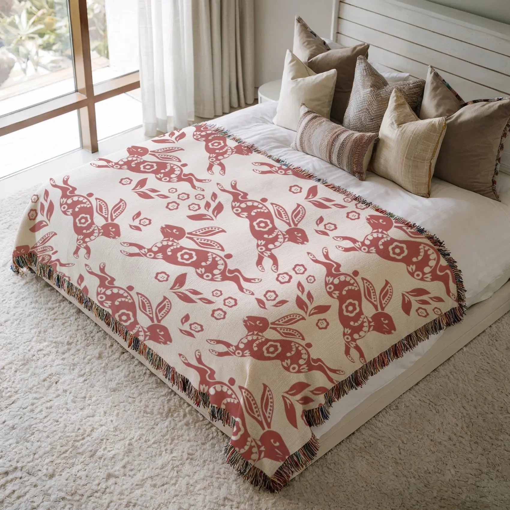 Nordic Cotton Throw – Cozy Boho Sofa Blanket With Dala Bunny Design & Lightweight Picnic Wrap