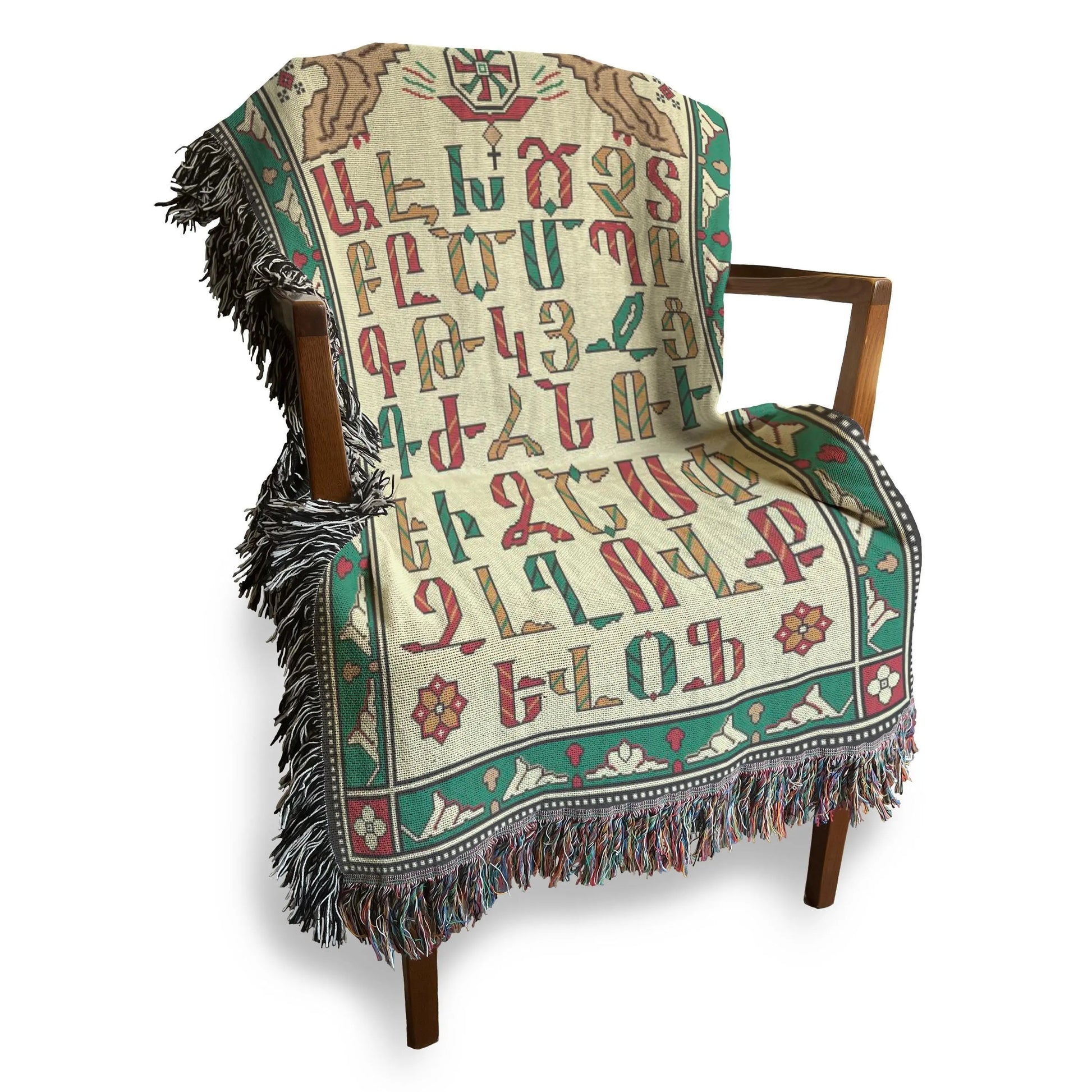 Green Woven Throw - Armenian Alphabet Blanket | Cozy Cotton Bedspread Quilt