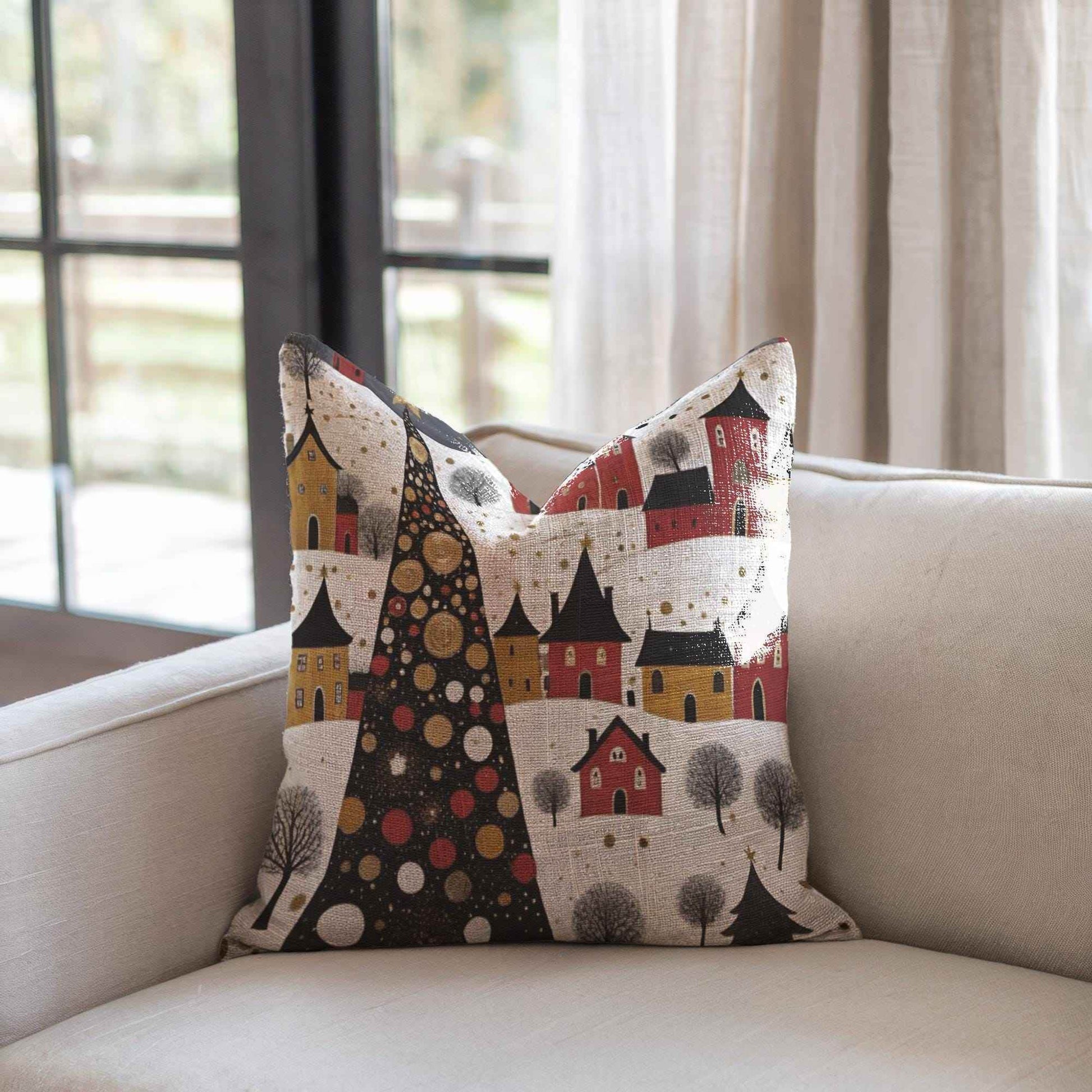 Christmas Landscape Pillow – Cozy Holiday Throw Pillow With Xmas Trees Under Moonlight - timelessbohochic.com
