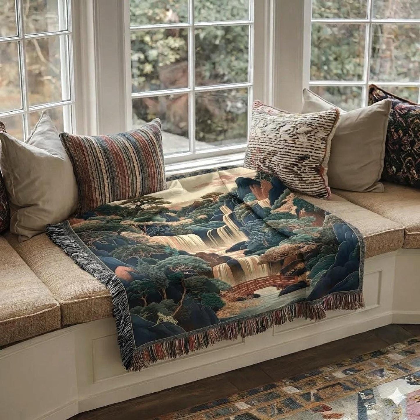 Boho woven blanket with woven pattern styled for layered home decor