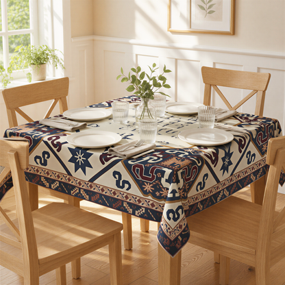 Cream Armenian alphabet tablecloth with a navy carpet border, on a table with wooden chairs