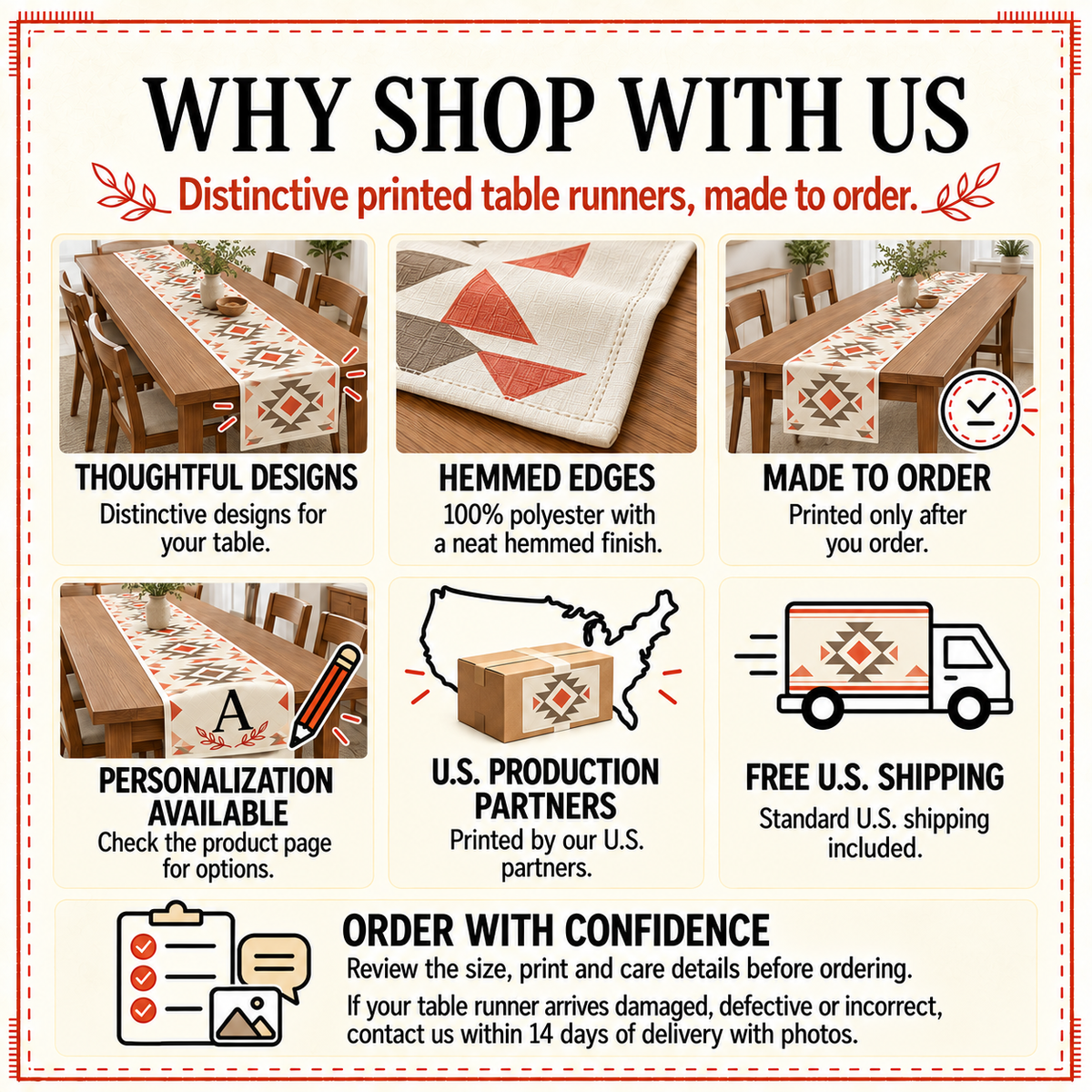Why shop with us card: made to order, hemmed edges, personalization, U.S. partners, free U.S. shipping