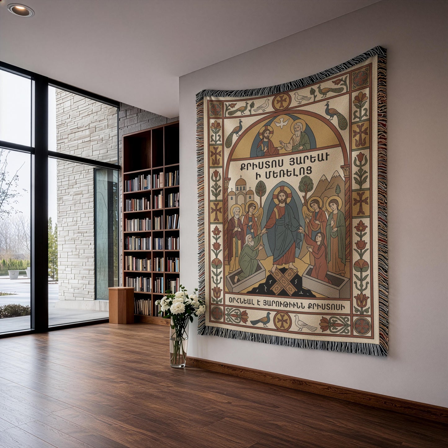 Loft setting with city view, Virgin Mary wall tapestry on corner wall, Orthodox Christian wall decor vibe, muted heirloom colors.