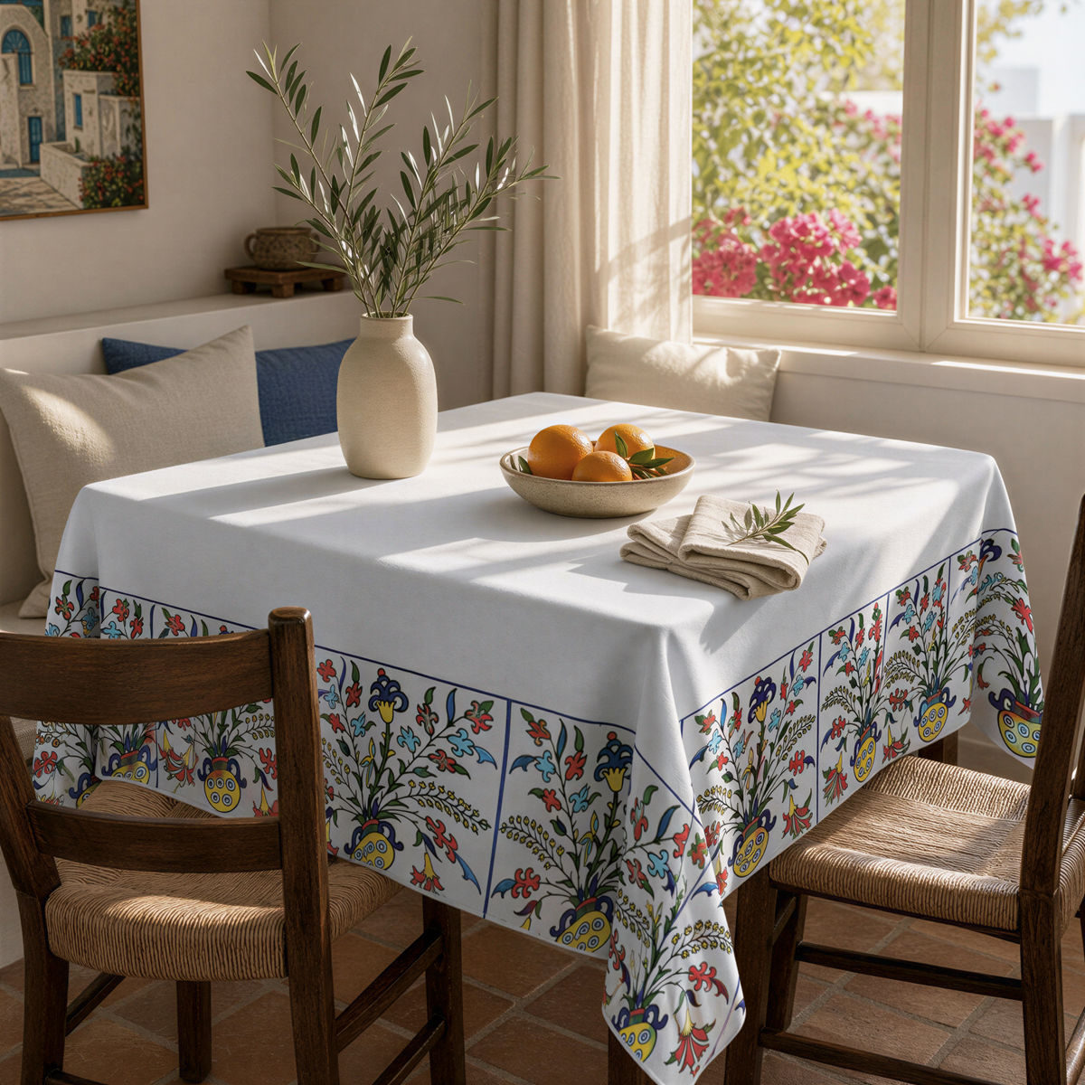 White Armenian tablecloth with a floral border on a table by a window, with a bowl of oranges