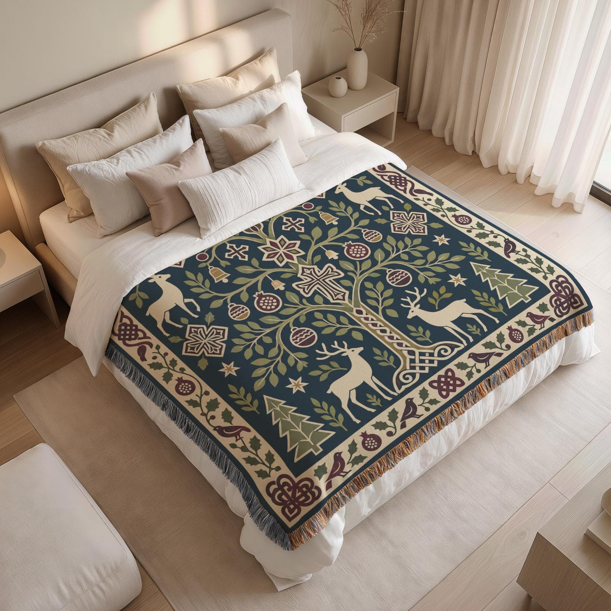 a bedroom with a large bed covered in a decorative blanket featuring a tree design with deer and other wildlife elements. The bed is surrounded by white pillows and a white headboard. The room has a minimalist and modern design, with white walls and a wooden floor.