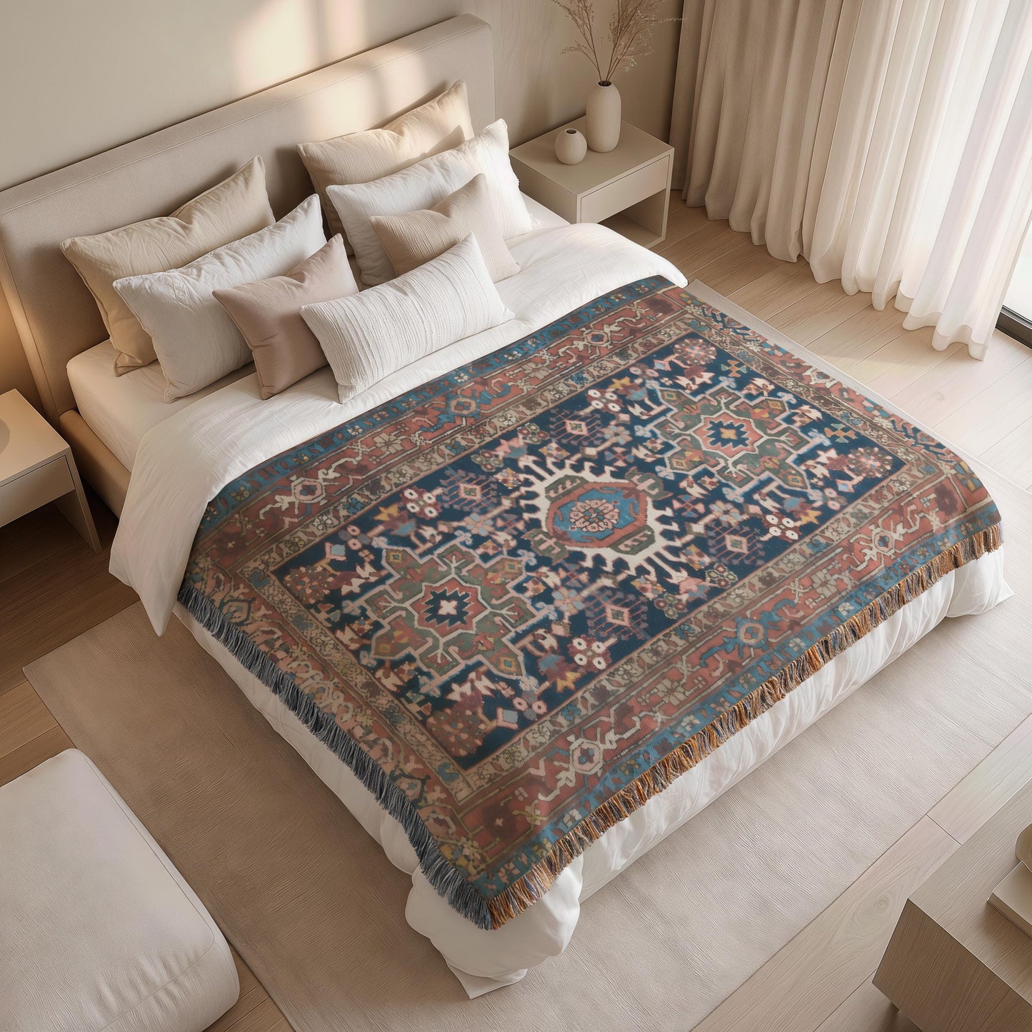 Anatolian Inspired woven blanket with rug-style pattern styled for layered home decor