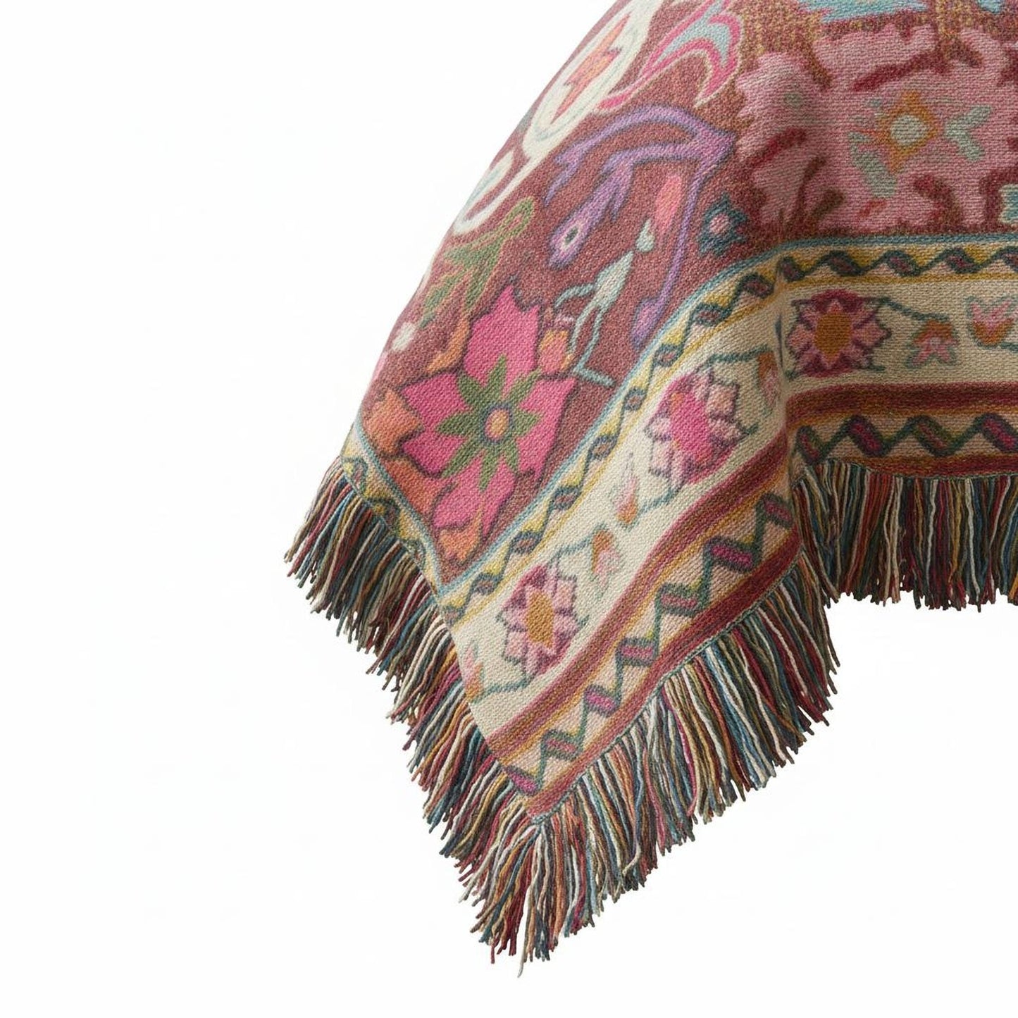 Caucasian Rug Inspired woven blanket with geometric pattern styled for layered home decor