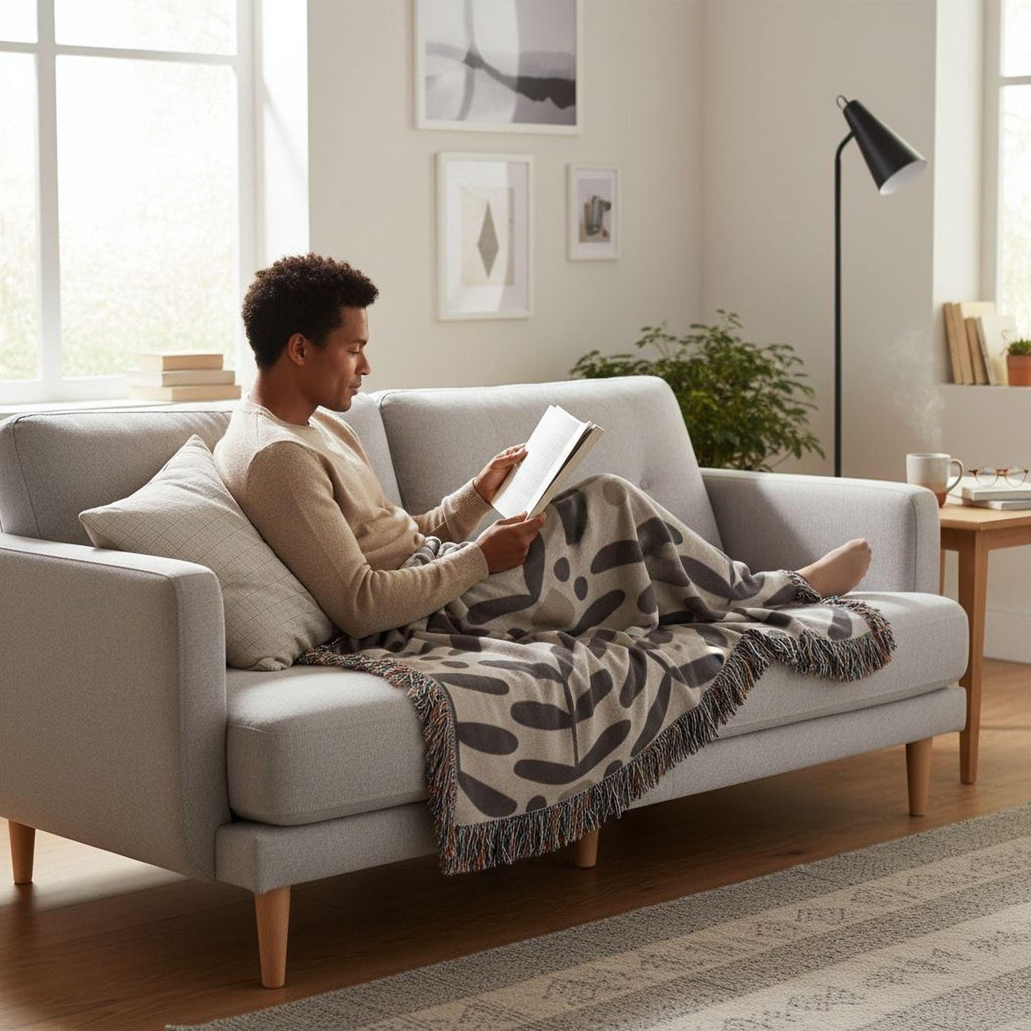 Scandinavian Inspired woven blanket with woven pattern styled for layered home decor
