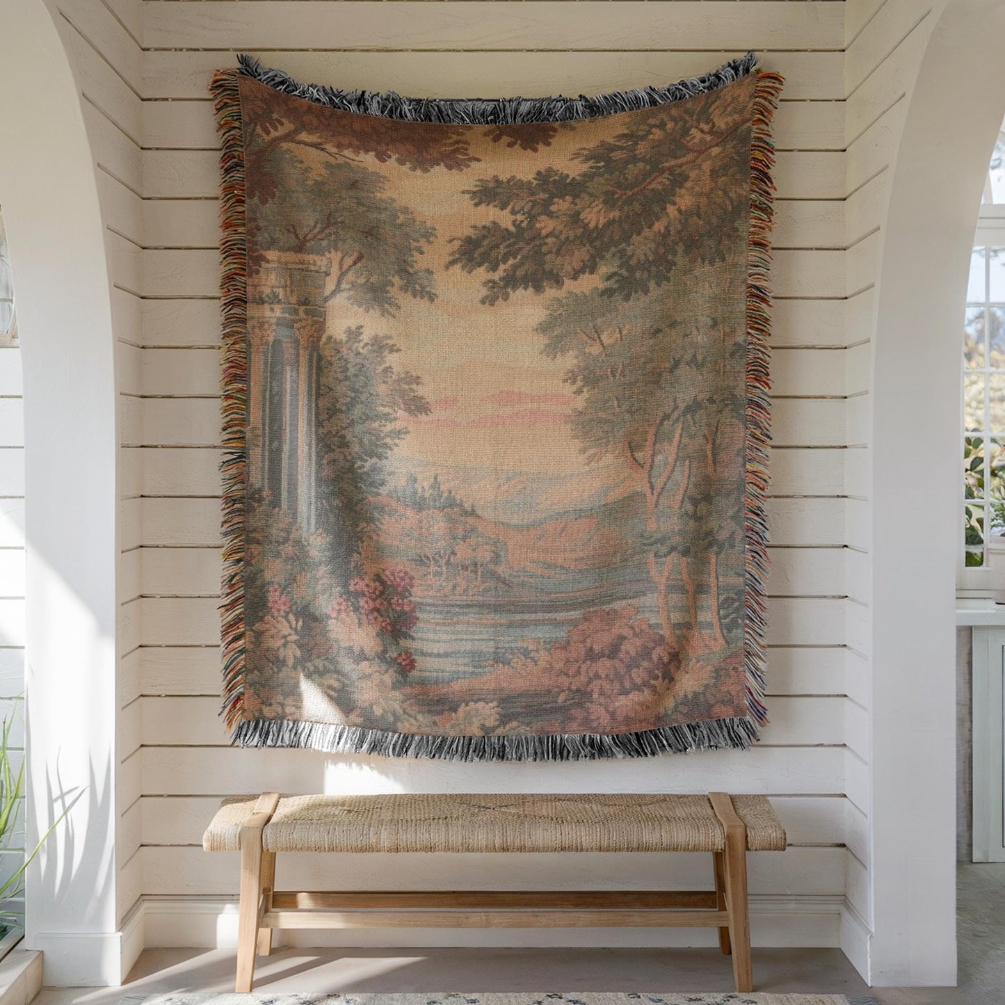 Modern Geometric woven blanket with geometric pattern styled for layered home decor