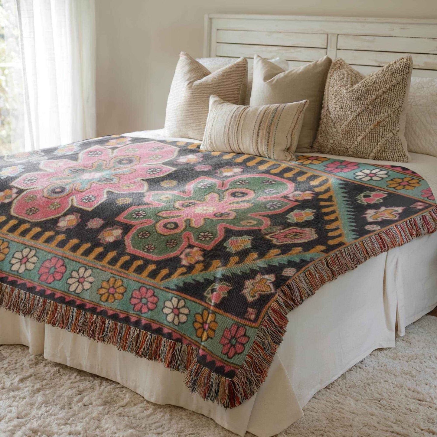Anatolian Inspired woven blanket with floral pattern styled for layered home decor