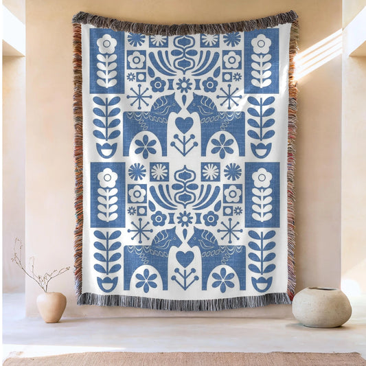 Blue Dala Horse Blanket - Scandinavian Folk Art Cotton Tapestry Throw for Cozy Hygge Home