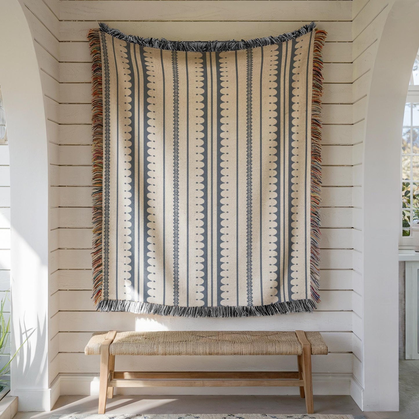 Modern Geometric woven blanket with geometric pattern styled for layered home decor