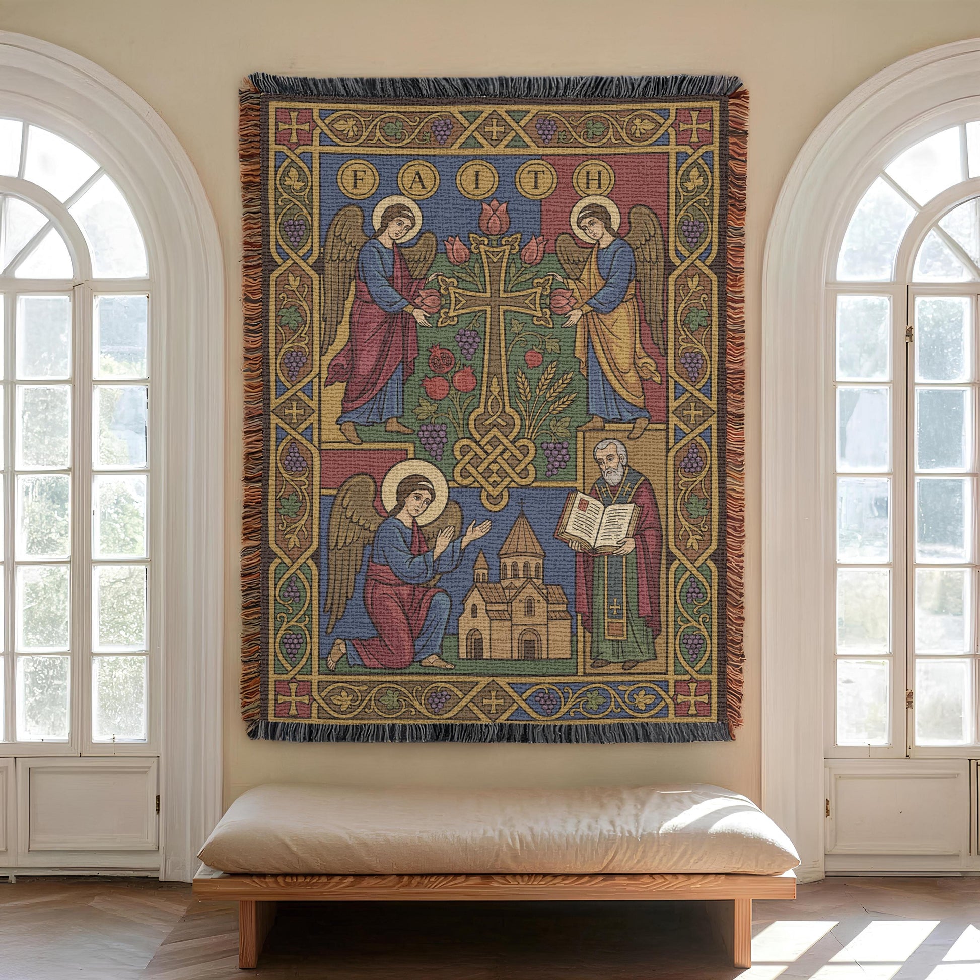 Armenian Christian wall tapestry beside an arched window, vintage-inspired burgundy and blue palette, Mount Ararat and angels.