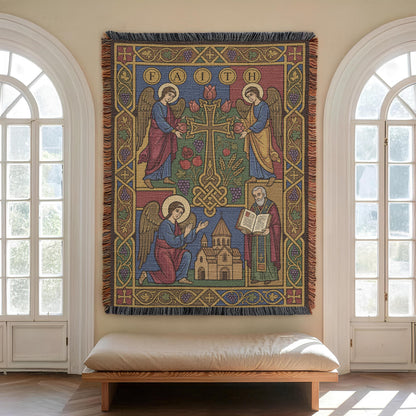 Armenian Christian wall tapestry beside an arched window, vintage-inspired burgundy and blue palette, Mount Ararat and angels.
