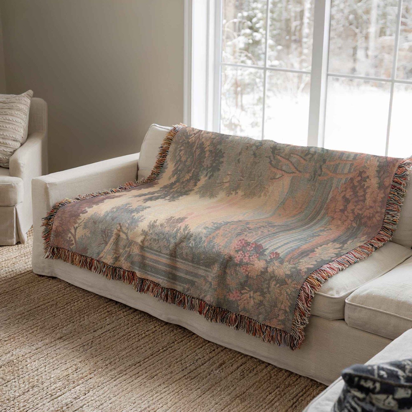 Modern Geometric woven blanket with geometric pattern styled for layered home decor