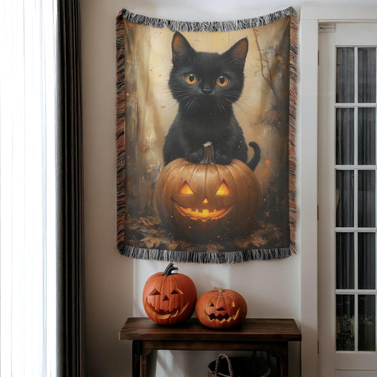 Halloween Woven Blanket - Black Cat Pumpkin Throw With Fringed Edge Cozy Decor
