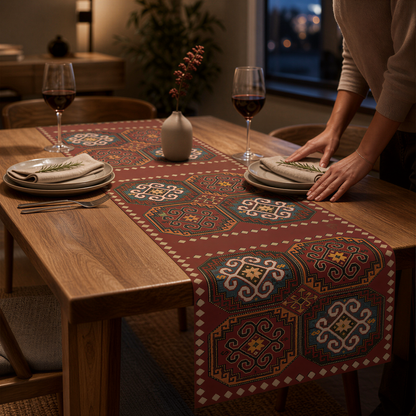 Anatolian Armenian carpet table runner in deep red being laid on a dining table