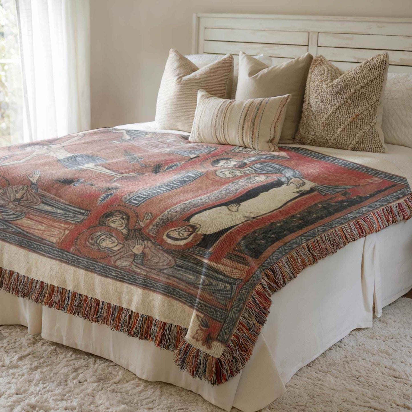 Armenian Tapestry Throw – Large Cotton Blanket With Crucifixion Scene Design - timelessbohochic.com