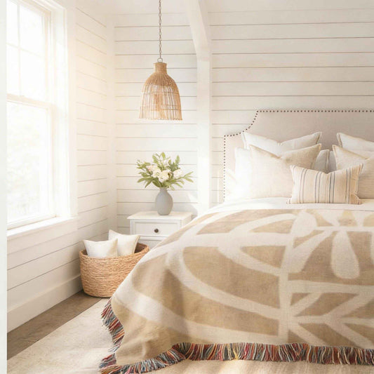Modern Geometric woven blanket with geometric pattern styled for layered home decor