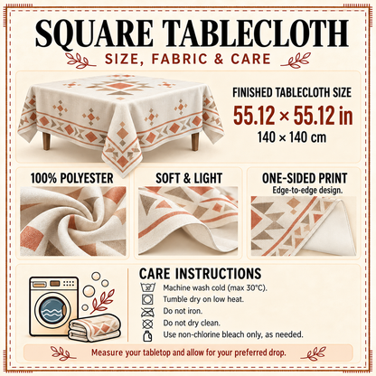 Product details card: 55.1 x 55.1 inch square, 100% polyester, one-sided print, care instructions