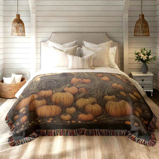 Pumpkin Patch Bedding - Harvest Season Blanket With Cotton Woven Throw & Colorful Fringed Edges - timelessbohochic.com