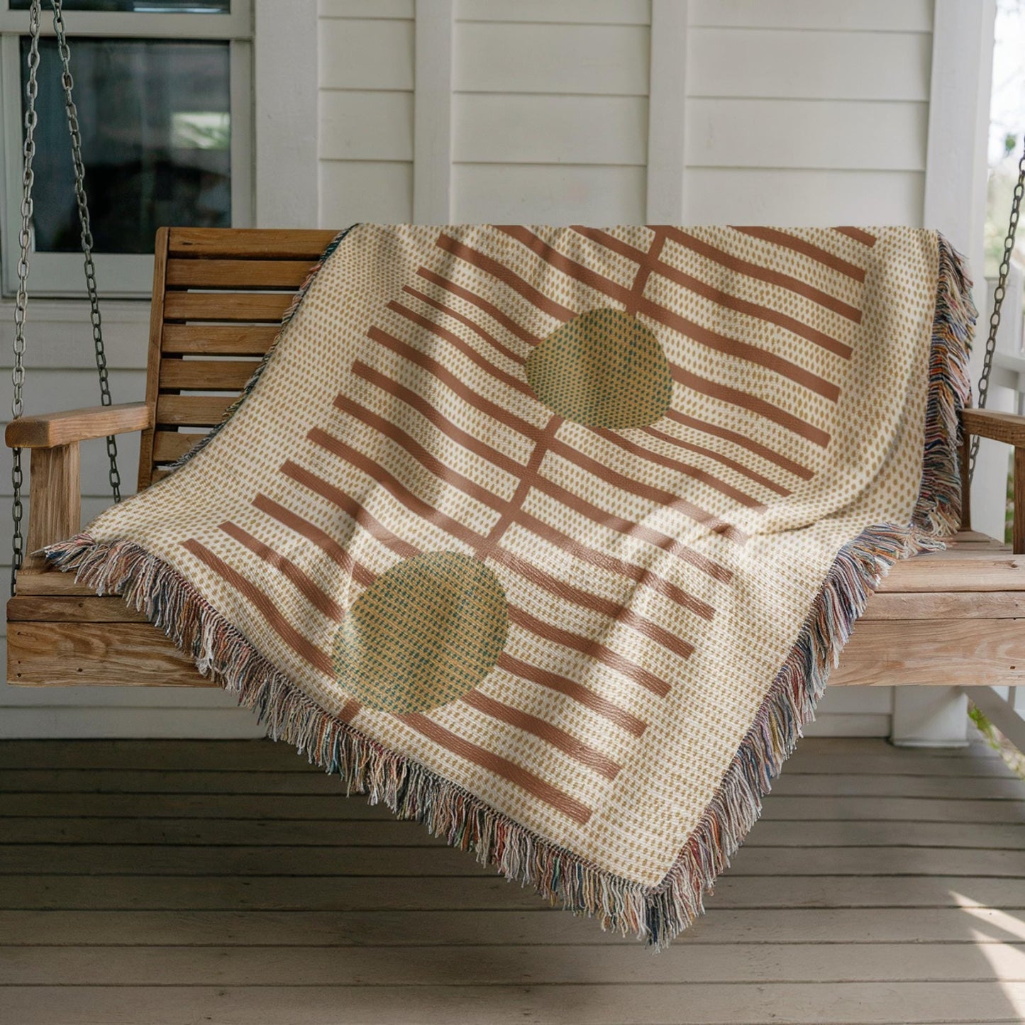 Modern Geometric woven blanket with geometric pattern styled for layered home decor