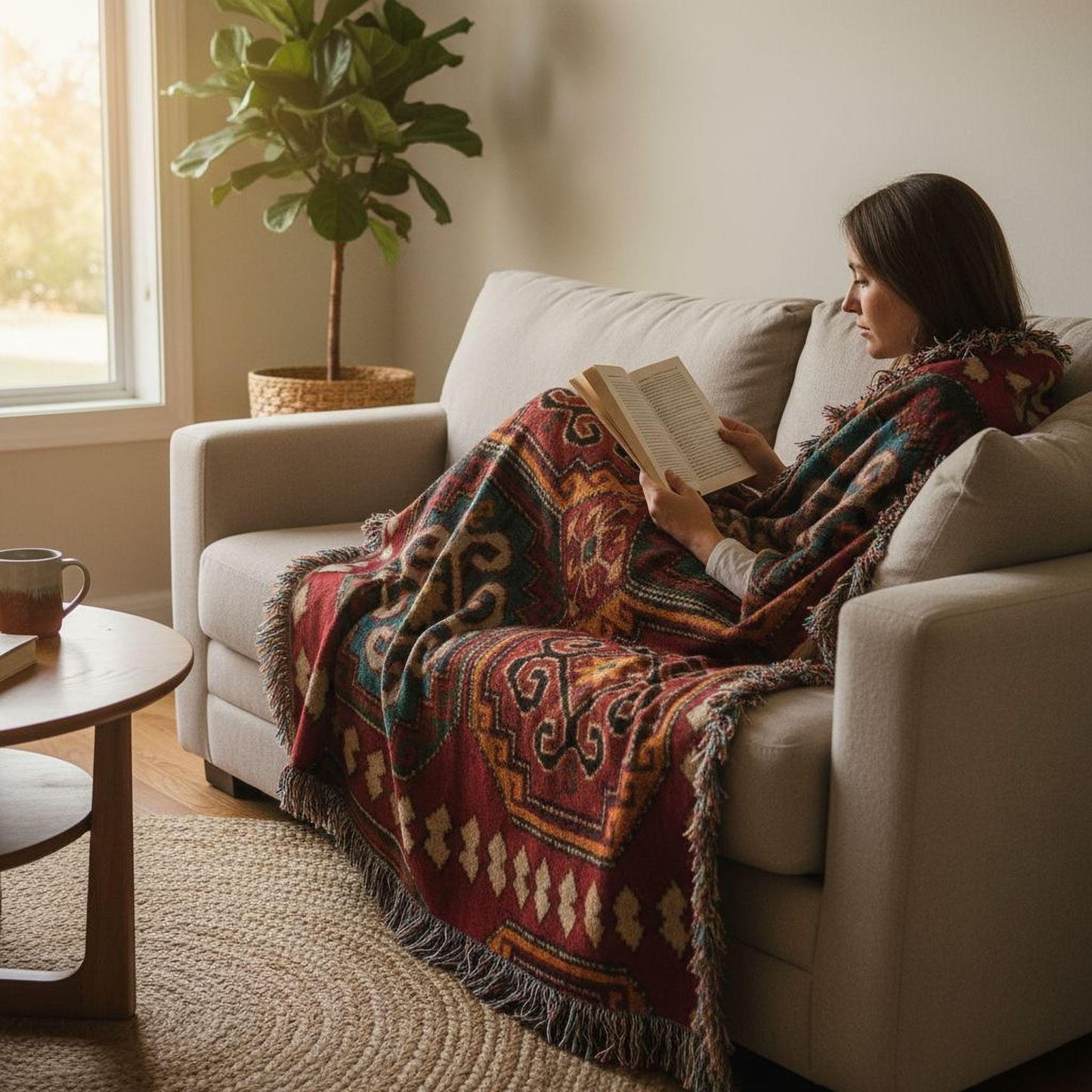 Moroccan Inspired woven blanket with woven pattern styled for layered home decor