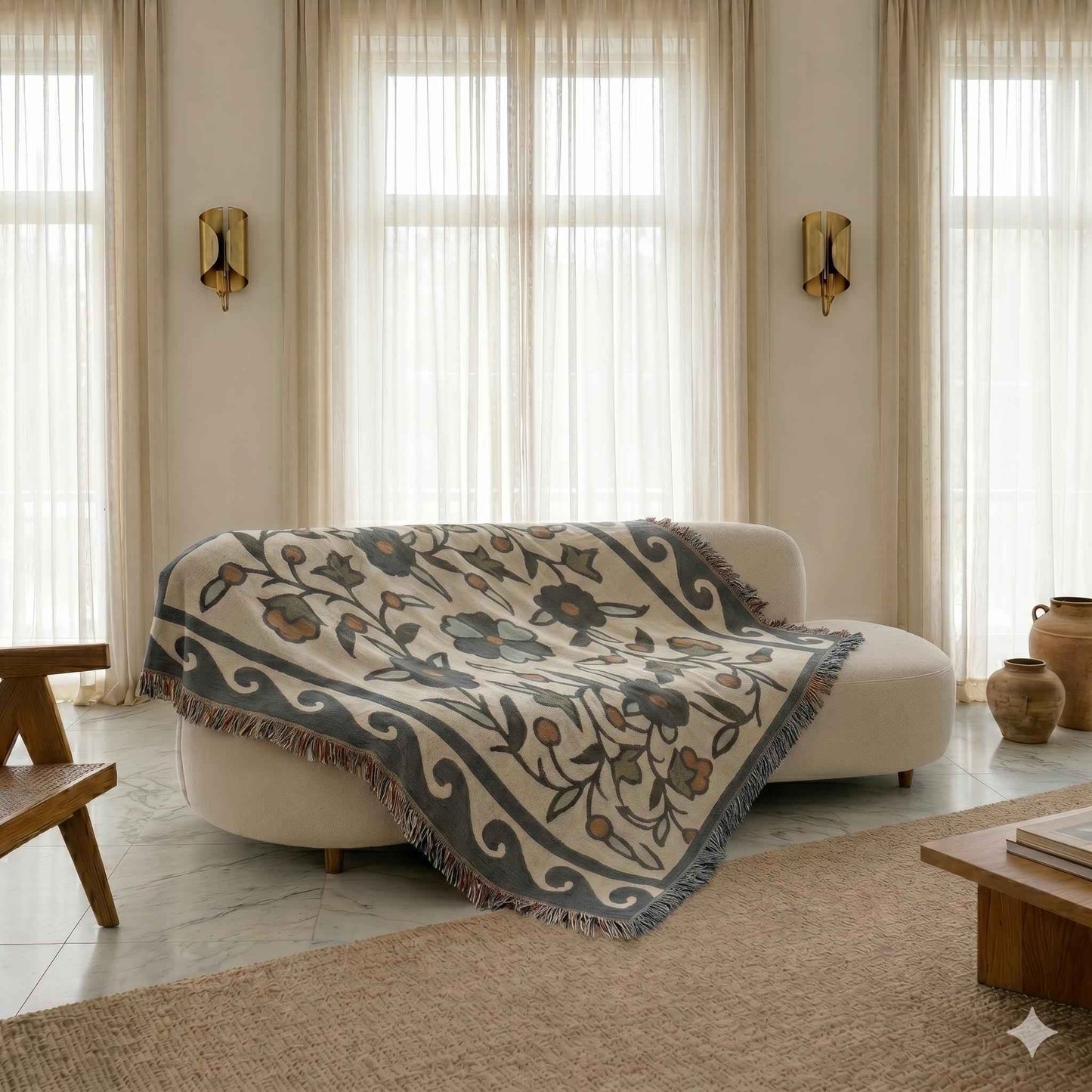 Anatolian Inspired woven blanket with rug-style pattern styled for layered home decor