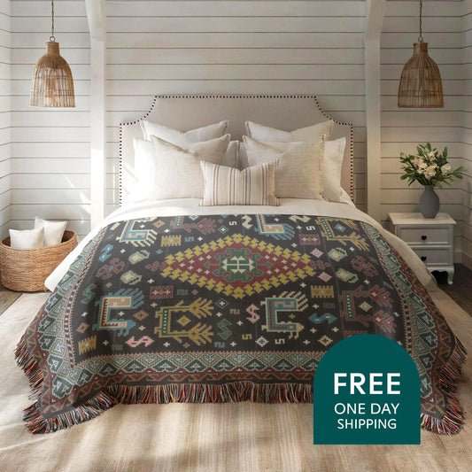 Bohemian Throw Blanket - Woven Cotton Caucasian Rug with Colorful Fringed Edges