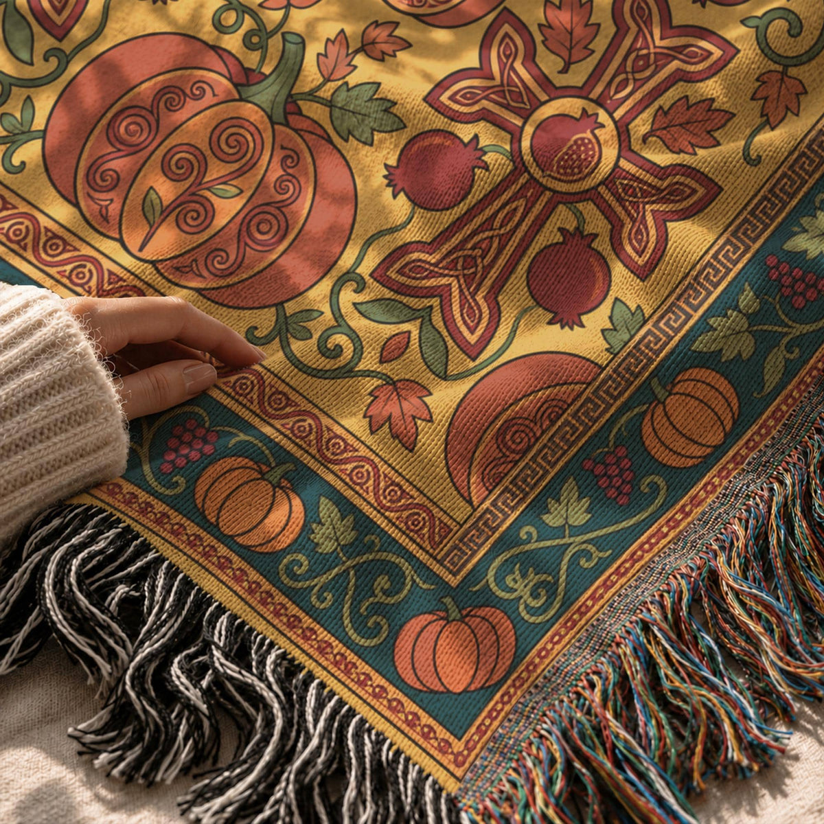 Close-up of the gold and teal Ghapama weave held in one hand, showing the fringed edge