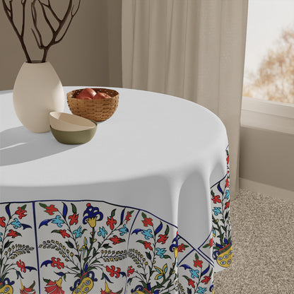 White Armenian tablecloth with a painted floral border and clear centre