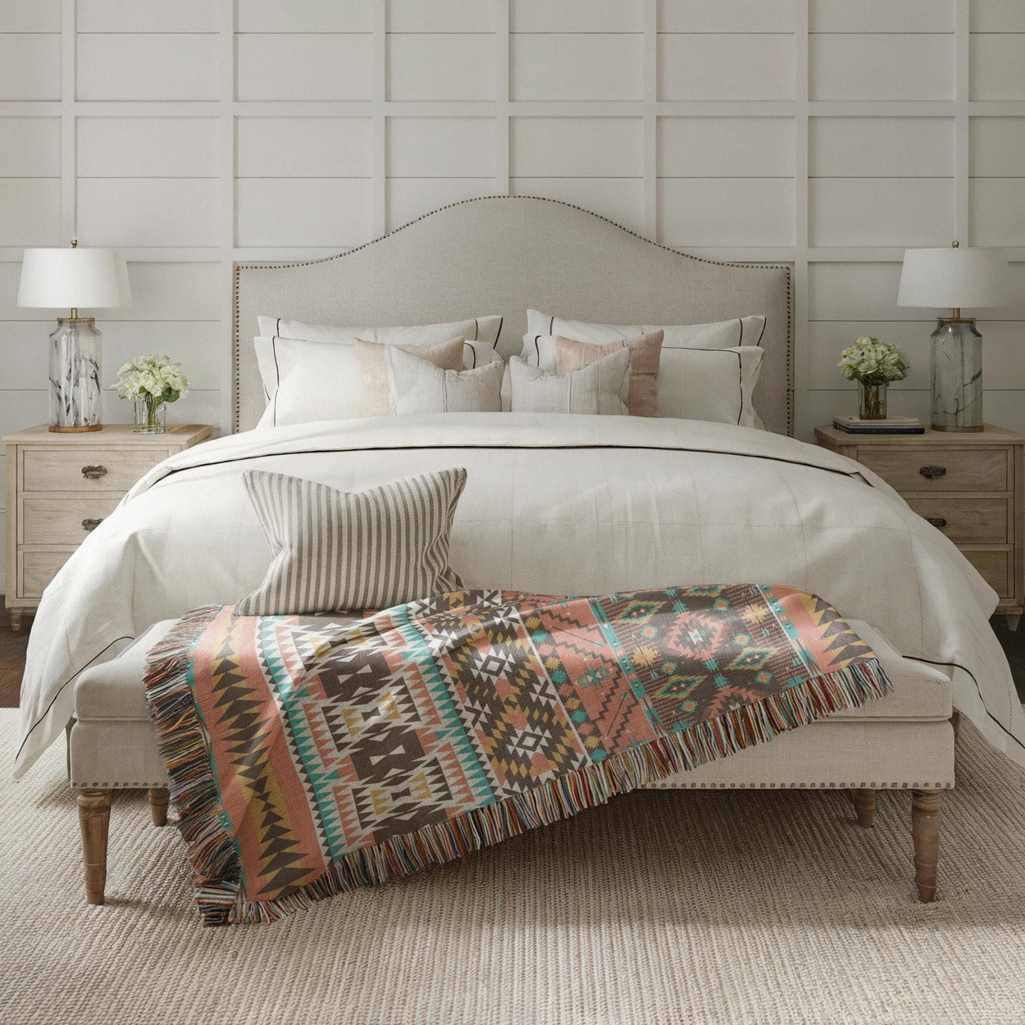 a well-decorated bedroom with a large bed, a wooden nightstand, and a colorful patterned blanket on the bed.