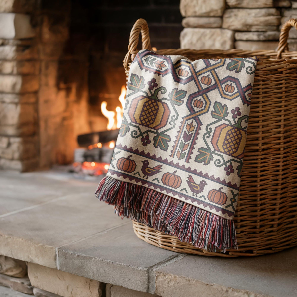 Geometric Armenian Ghapama blanket folded over a wicker basket on a stone step