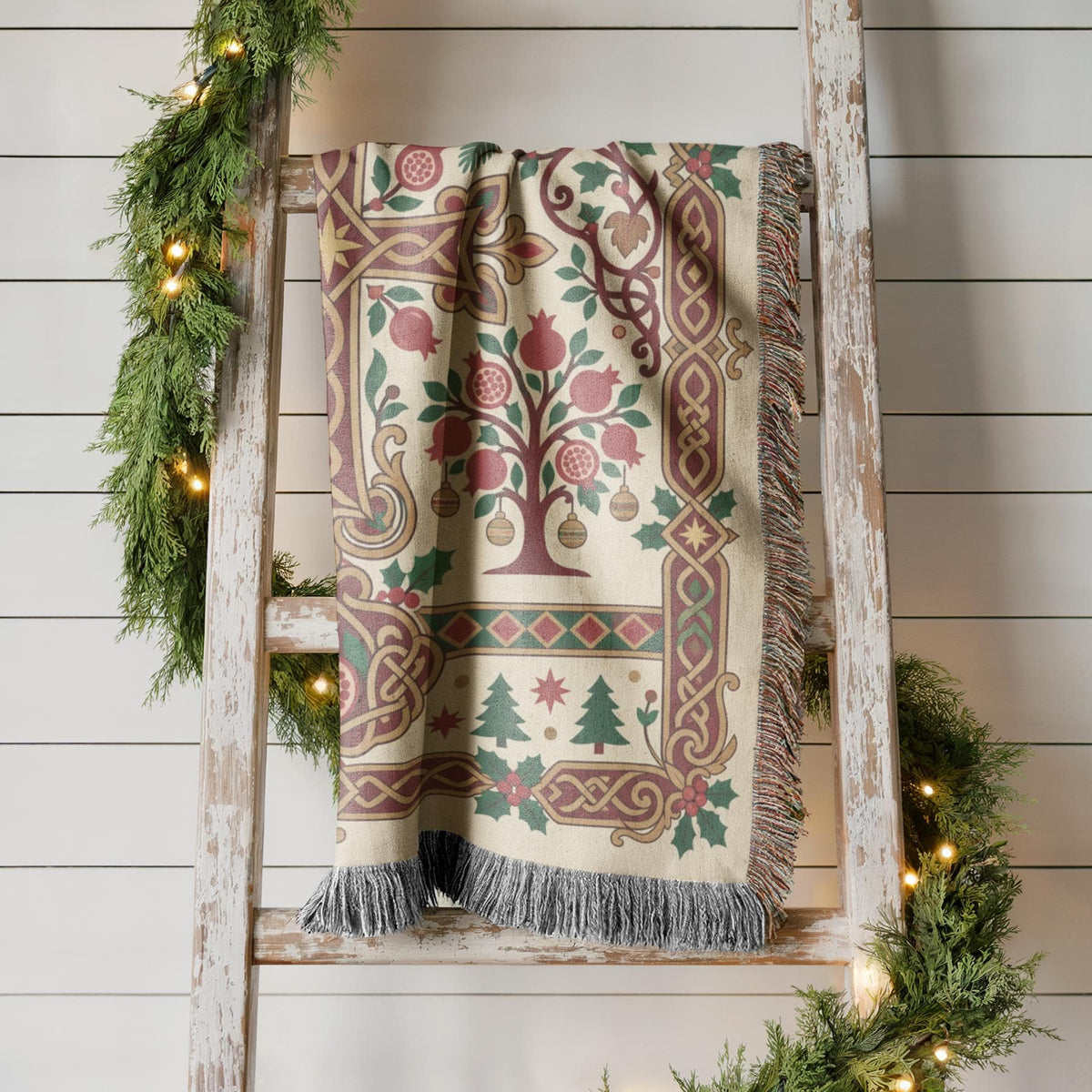 Armenian pomegranate tree and cross Christmas woven cotton blanket shown in a styled room setting