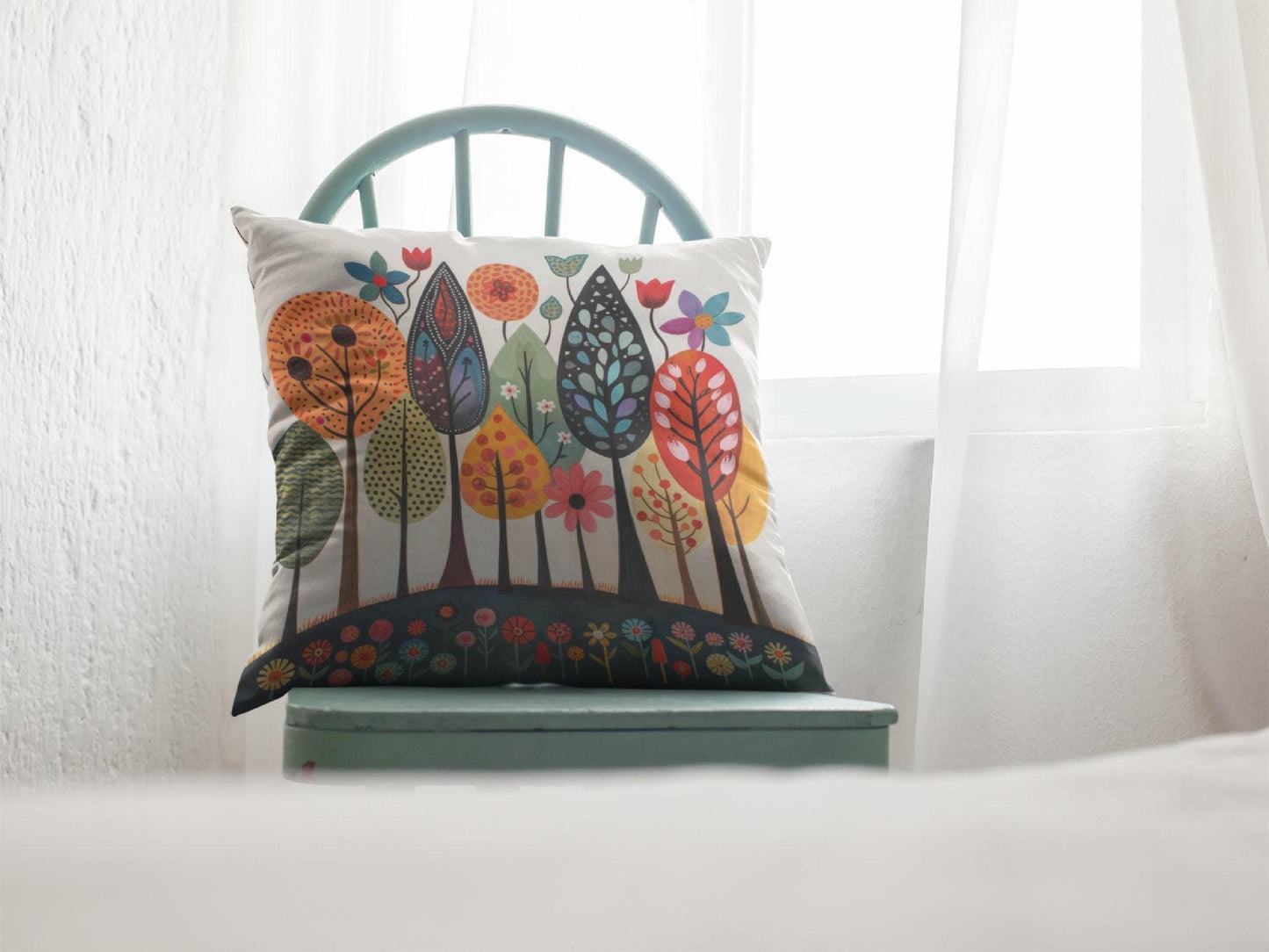 Scandinavian Inspired pillow cover with woven pattern styled on a sofa or bed