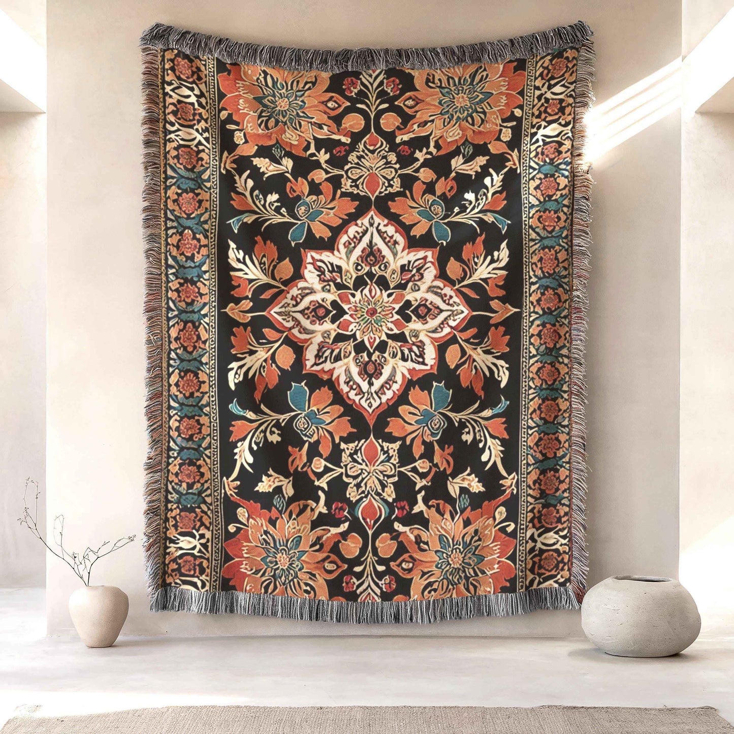 Anatolian Inspired woven wall tapestry with rug-style pattern styled as textile wall decor