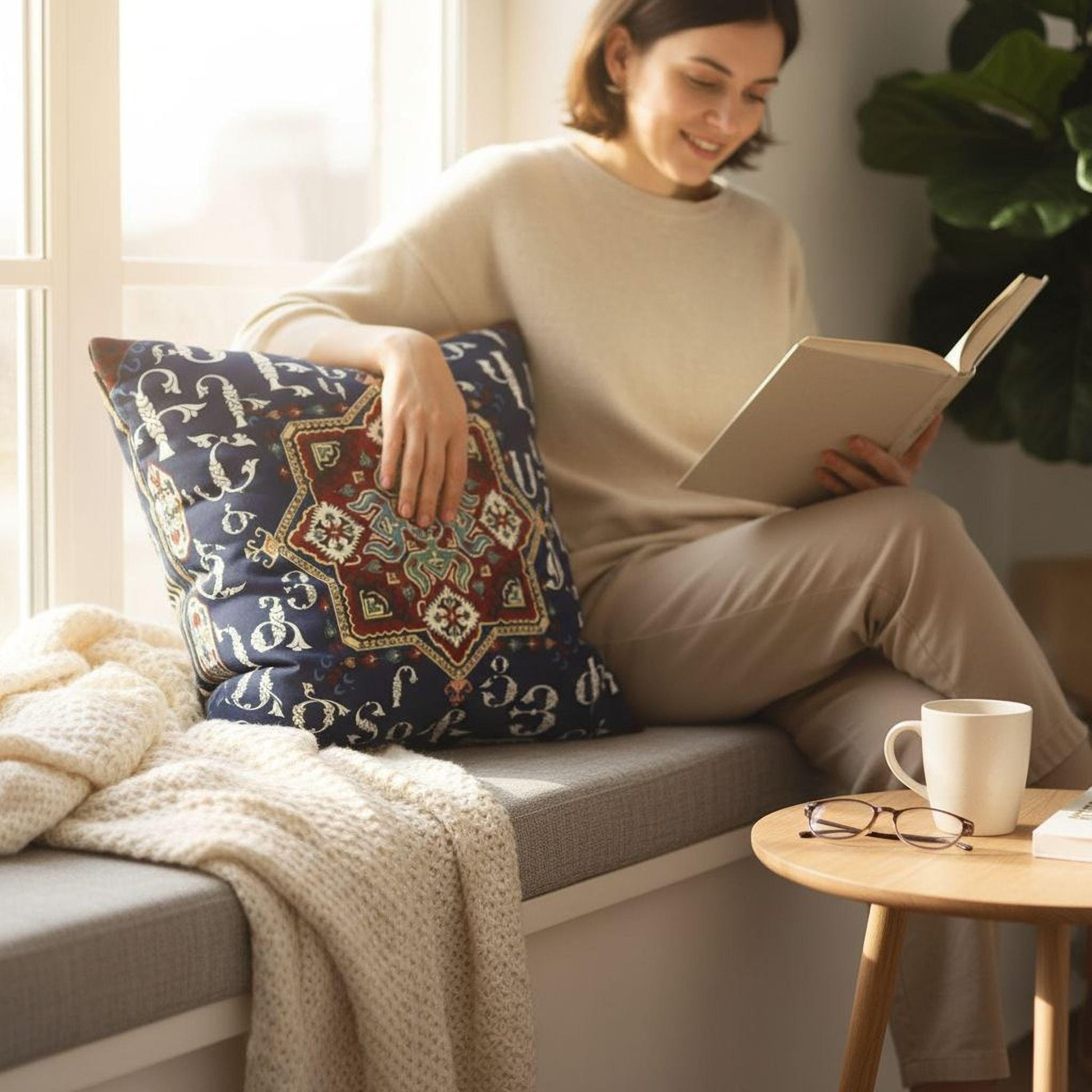 A woman is sitting on a bench, reading a book and holding a cup of coffee.